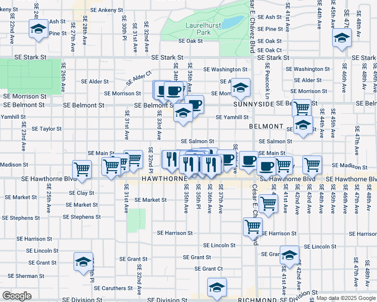 map of restaurants, bars, coffee shops, grocery stores, and more near 3508 Southeast Madison Street in Portland
