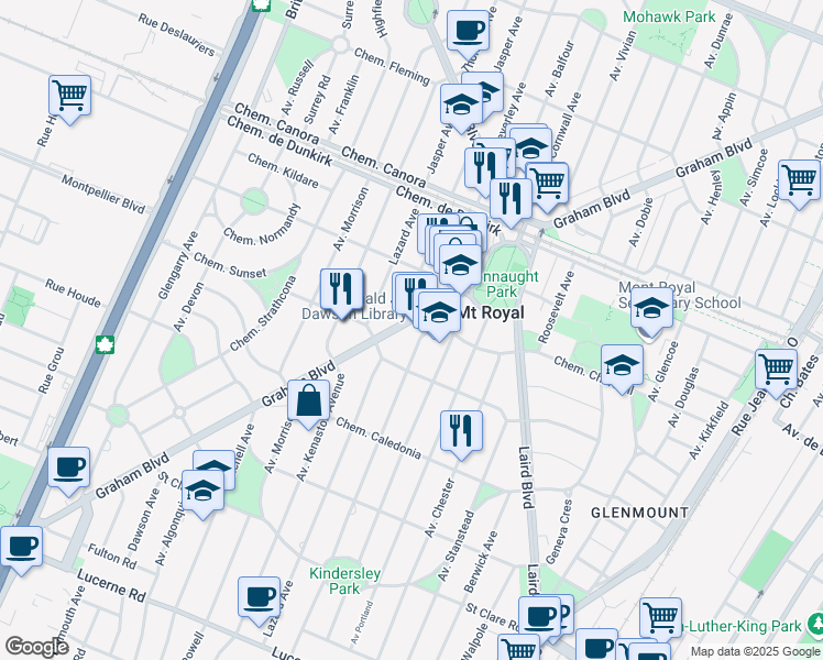 map of restaurants, bars, coffee shops, grocery stores, and more near in Mount Royal