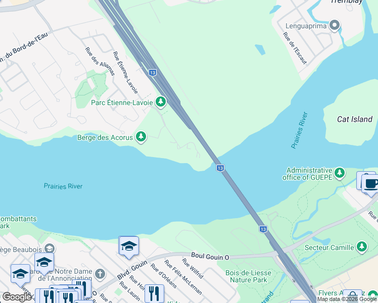 map of restaurants, bars, coffee shops, grocery stores, and more near 100 Rue Étienne-Lavoie in Laval