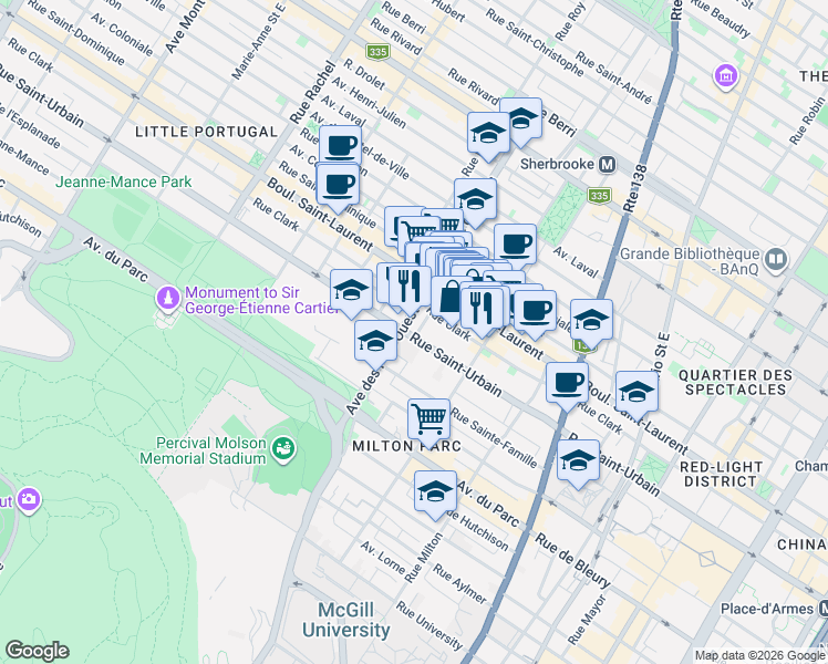 map of restaurants, bars, coffee shops, grocery stores, and more near 99 Rue Guilbault Ouest in Montréal