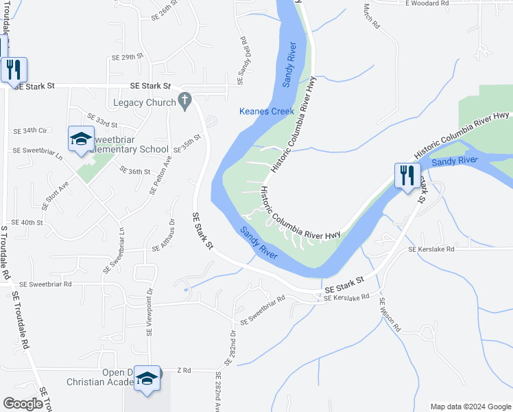 map of restaurants, bars, coffee shops, grocery stores, and more near 28416 Historic Columbia River Highway in Troutdale