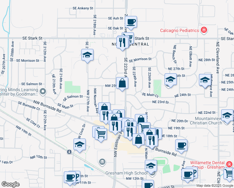 map of restaurants, bars, coffee shops, grocery stores, and more near 353 Northwest 23rd Court in Gresham