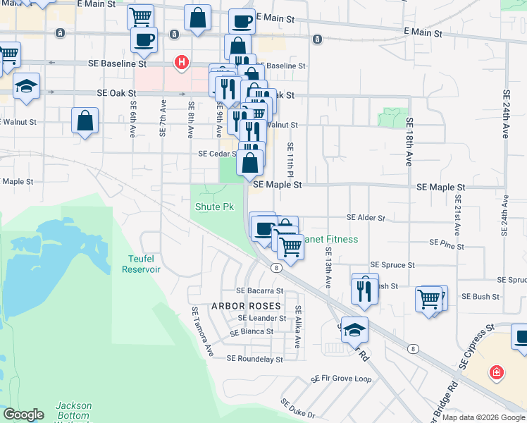 map of restaurants, bars, coffee shops, grocery stores, and more near 883 South East 11th Avenue in Hillsboro