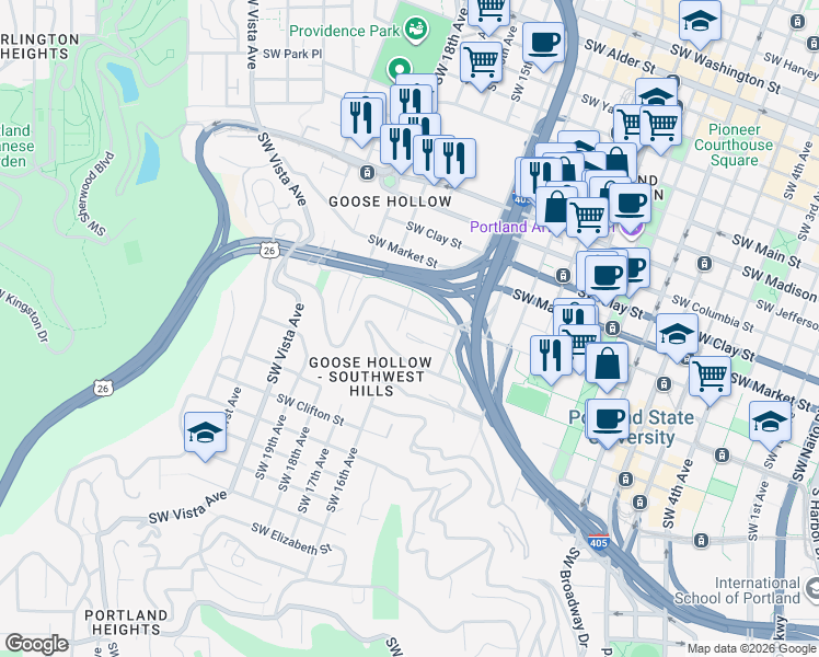 map of restaurants, bars, coffee shops, grocery stores, and more near 1613 Southwest Montgomery Street in Portland