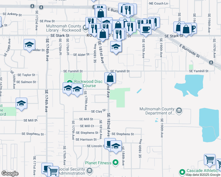 map of restaurants, bars, coffee shops, grocery stores, and more near 1118 Southeast 182nd Avenue in Portland