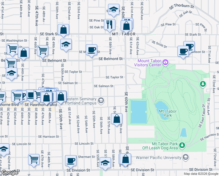map of restaurants, bars, coffee shops, grocery stores, and more near 1210 Southeast 57th Avenue in Portland