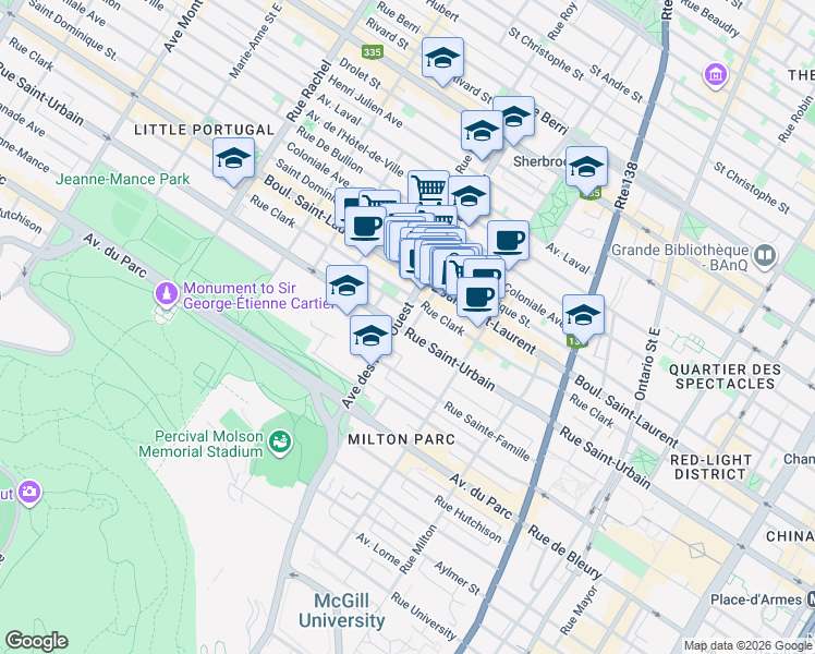 map of restaurants, bars, coffee shops, grocery stores, and more near 99 Rue Guilbault Ouest in Montréal