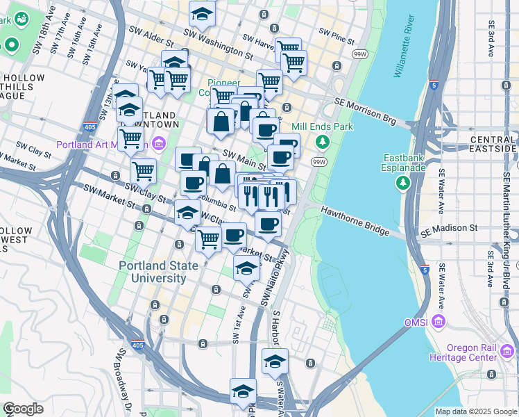 map of restaurants, bars, coffee shops, grocery stores, and more near 1200 Southwest 3rd Avenue in Portland