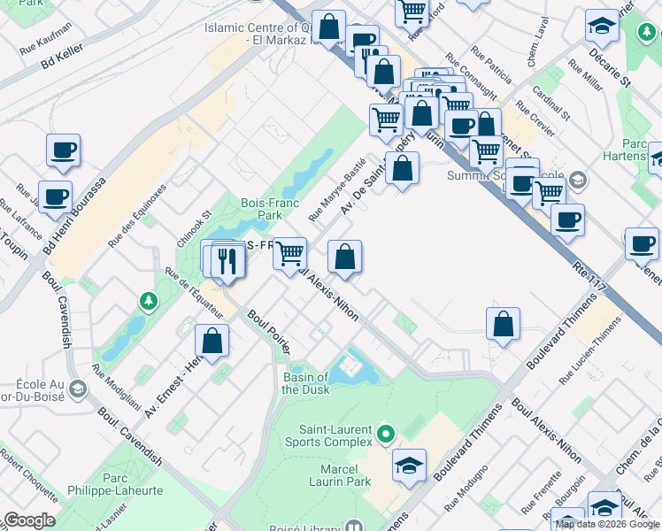 map of restaurants, bars, coffee shops, grocery stores, and more near 2257 Rue Charles-Darwin in Montréal