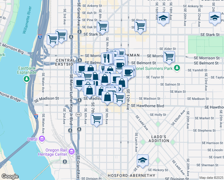 map of restaurants, bars, coffee shops, grocery stores, and more near 909 Southeast Salmon Street in Portland