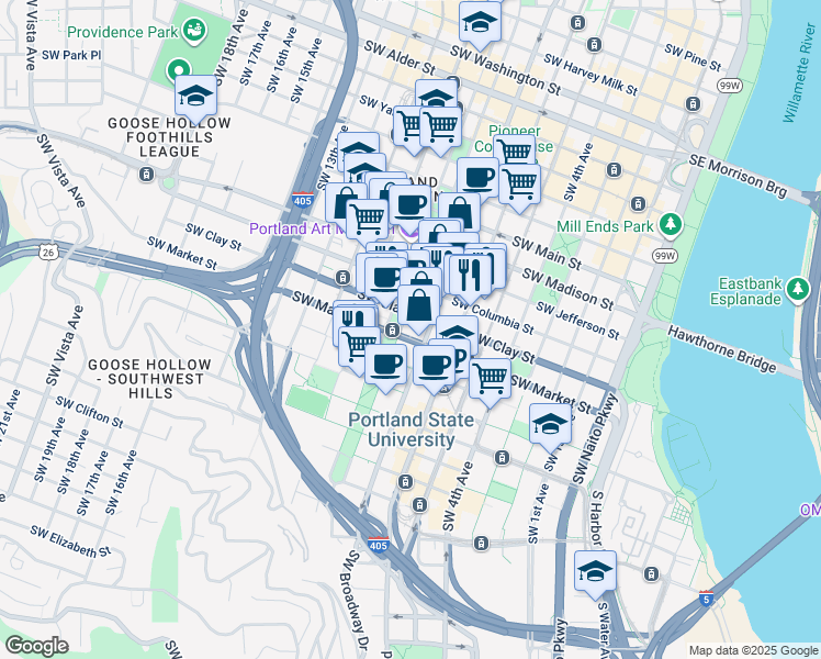 map of restaurants, bars, coffee shops, grocery stores, and more near 1500 Southwest Park Avenue in Portland