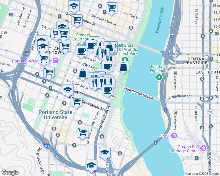 map of restaurants, bars, coffee shops, grocery stores, and more near 37 Southwest Jefferson Street in Portland