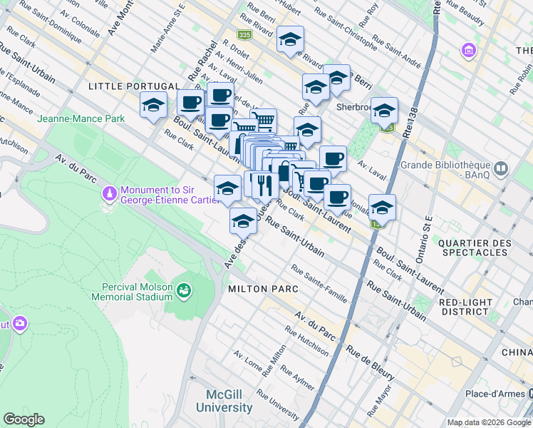 map of restaurants, bars, coffee shops, grocery stores, and more near 3711 Rue Saint-Urbain in Montréal