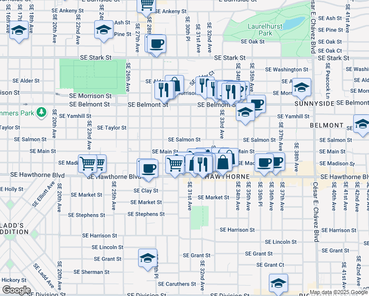 map of restaurants, bars, coffee shops, grocery stores, and more near 3023 Southeast Salmon Street in Portland