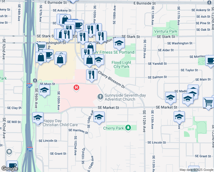 map of restaurants, bars, coffee shops, grocery stores, and more near 10721 Southeast Cherry Blossom Drive in Portland
