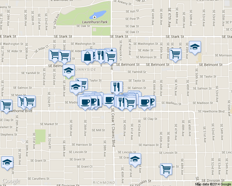 map of restaurants, bars, coffee shops, grocery stores, and more near 3939 Southeast Salmon Street in Portland