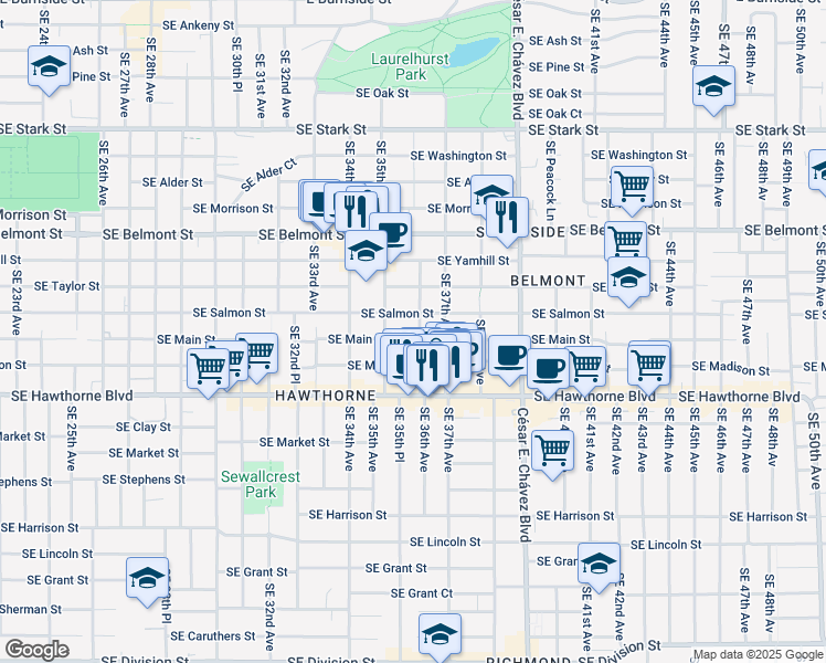 map of restaurants, bars, coffee shops, grocery stores, and more near 1130 Southeast 36th Avenue in Portland