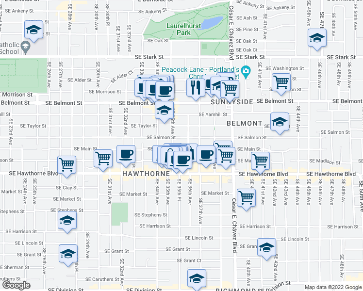 map of restaurants, bars, coffee shops, grocery stores, and more near 3507-3509 Southeast Salmon Street in Portland