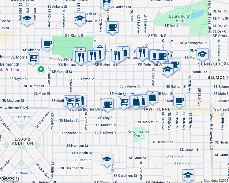 map of restaurants, bars, coffee shops, grocery stores, and more near 1133 Southeast 28th Avenue in Portland
