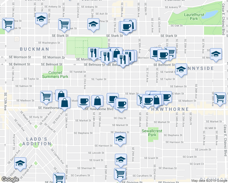map of restaurants, bars, coffee shops, grocery stores, and more near 1137 Southeast 27th Avenue in Portland