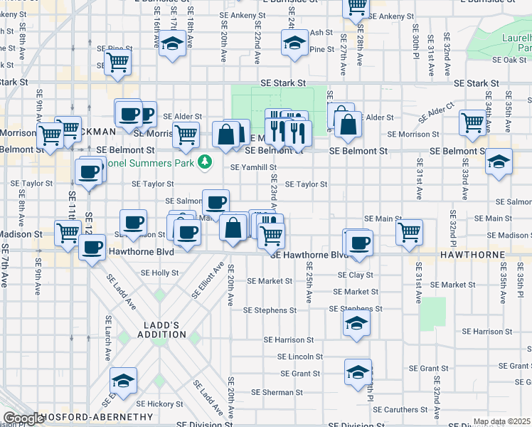 map of restaurants, bars, coffee shops, grocery stores, and more near 2229 Southeast Salmon Street in Portland