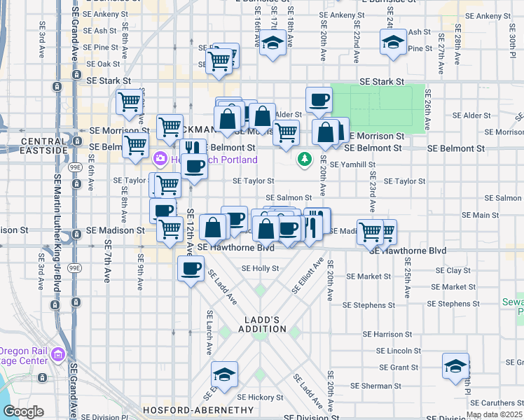 map of restaurants, bars, coffee shops, grocery stores, and more near 1621-1623 Southeast Salmon Street in Portland