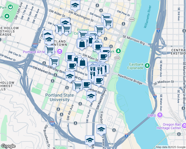 map of restaurants, bars, coffee shops, grocery stores, and more near 1200 Southwest 3rd Avenue in Portland