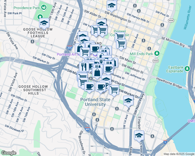 map of restaurants, bars, coffee shops, grocery stores, and more near in Portland
