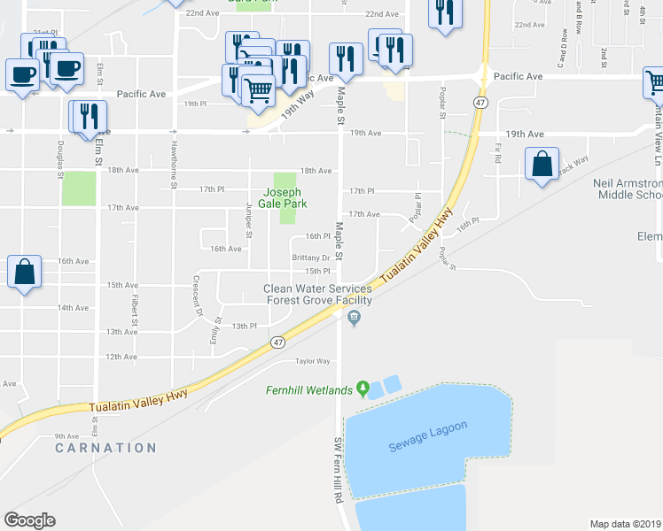map of restaurants, bars, coffee shops, grocery stores, and more near 1614 Maple Place in Forest Grove