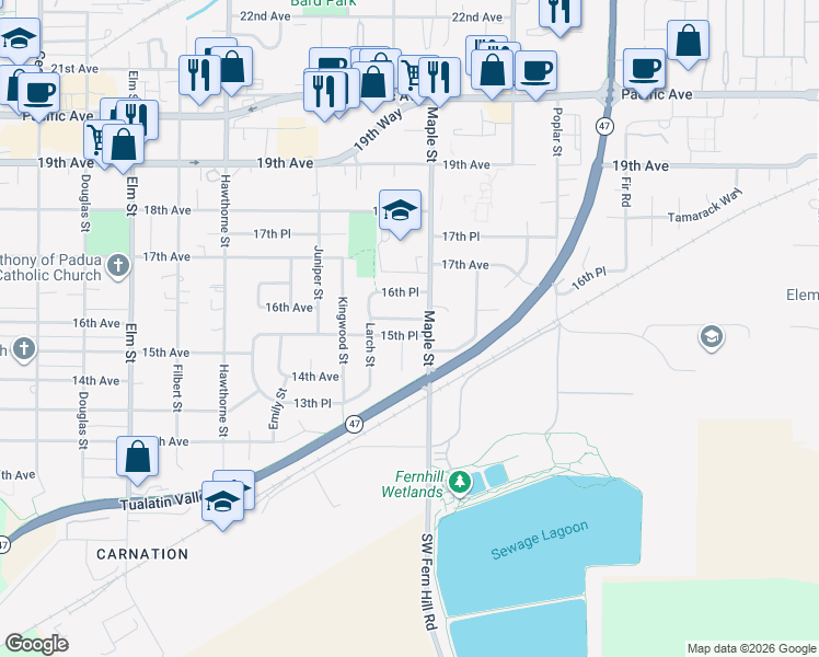 map of restaurants, bars, coffee shops, grocery stores, and more near 1614 Maple Place in Forest Grove