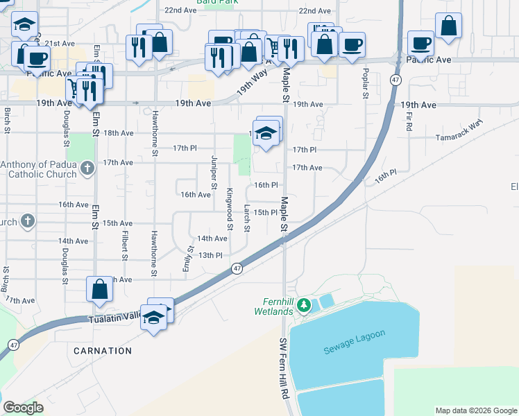 map of restaurants, bars, coffee shops, grocery stores, and more near 3040 16th Place in Forest Grove