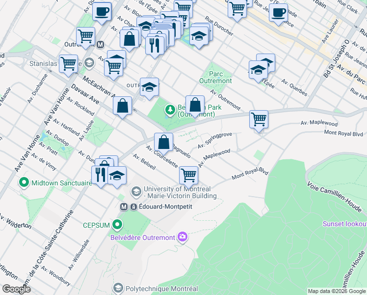 map of restaurants, bars, coffee shops, grocery stores, and more near 16 Avenue Pagnuelo in Montréal