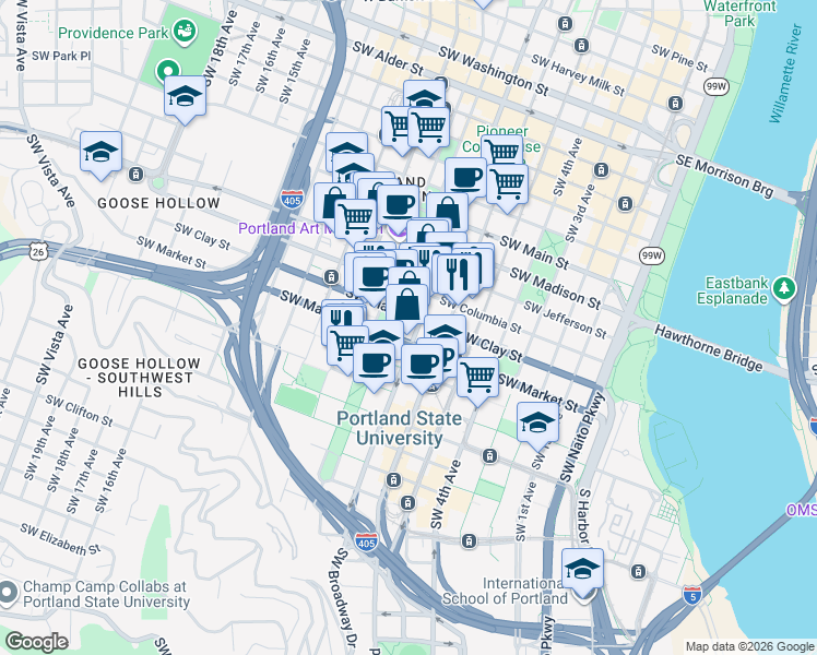 map of restaurants, bars, coffee shops, grocery stores, and more near 1500 Southwest Park Avenue in Portland
