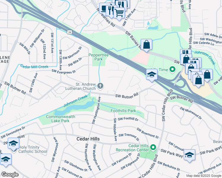 map of restaurants, bars, coffee shops, grocery stores, and more near 12320 Southwest Spring Court in Portland