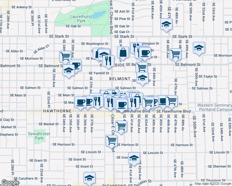 map of restaurants, bars, coffee shops, grocery stores, and more near 3939 Southeast Salmon Street in Portland