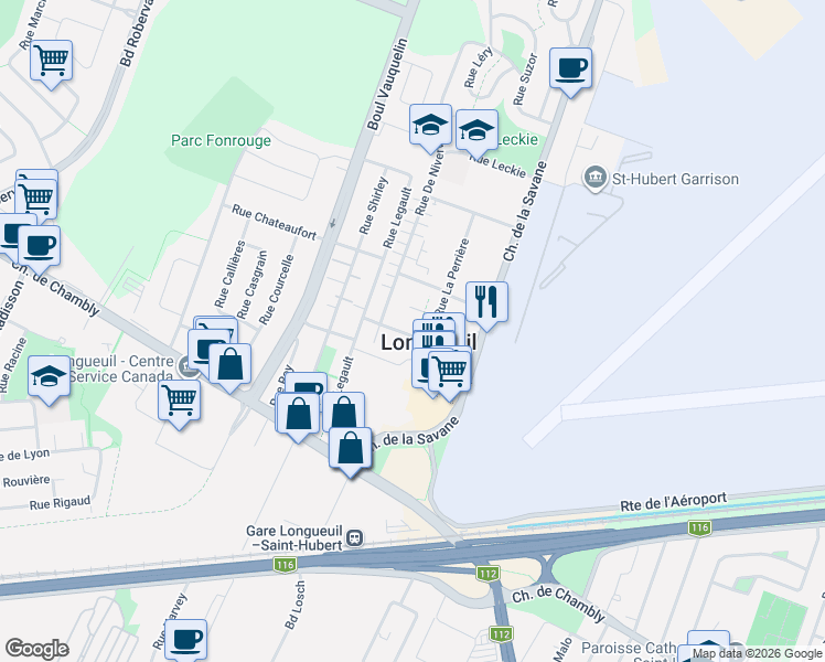 map of restaurants, bars, coffee shops, grocery stores, and more near 4480 Rue Bishop in Longueuil