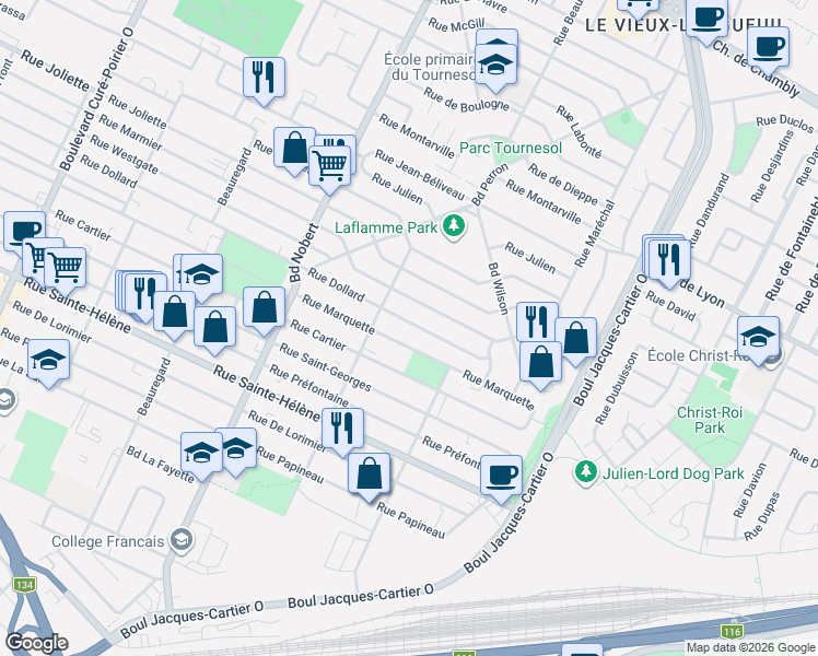 map of restaurants, bars, coffee shops, grocery stores, and more near 2530 Rue Dollard in Longueuil