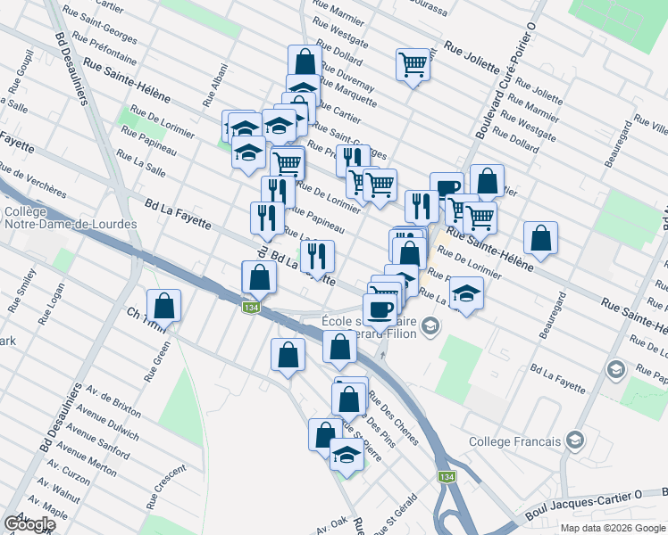 map of restaurants, bars, coffee shops, grocery stores, and more near 1277 Rue Front in Longueuil