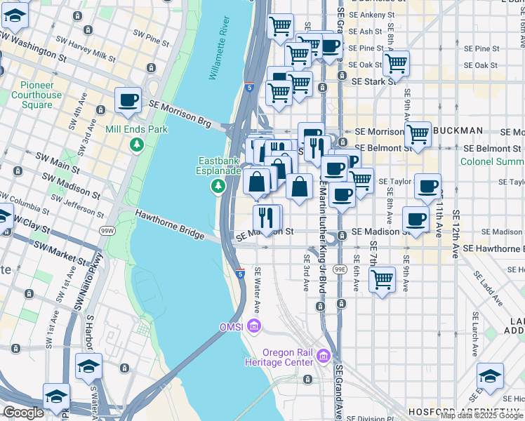 map of restaurants, bars, coffee shops, grocery stores, and more near 57-89 Southeast Salmon Street in Portland