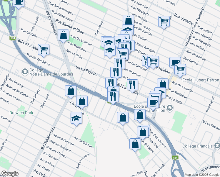 map of restaurants, bars, coffee shops, grocery stores, and more near in Longueuil