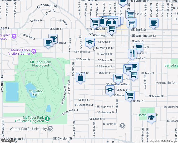 map of restaurants, bars, coffee shops, grocery stores, and more near 7433 Southeast Main Street in Portland