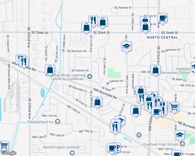 map of restaurants, bars, coffee shops, grocery stores, and more near 1207 Southeast 213th Avenue in Gresham