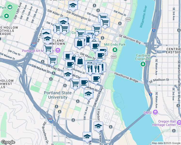 map of restaurants, bars, coffee shops, grocery stores, and more near in Portland