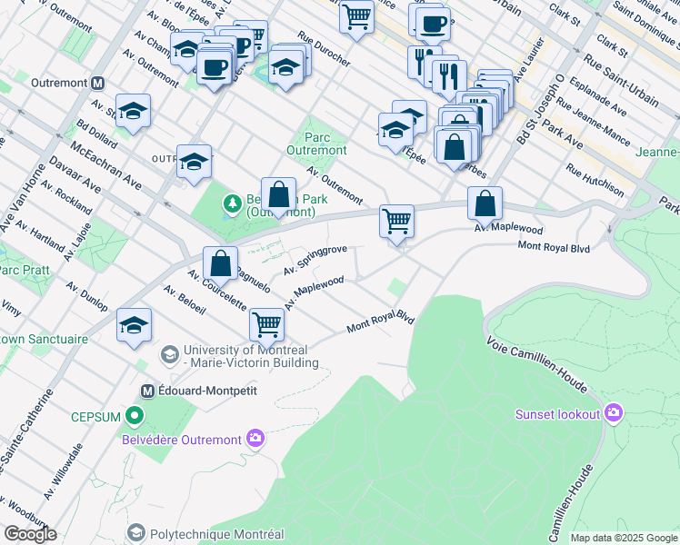 map of restaurants, bars, coffee shops, grocery stores, and more near 155 Avenue Maplewood in Montréal