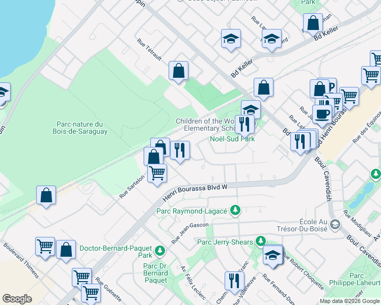 map of restaurants, bars, coffee shops, grocery stores, and more near 3221 Rue Noorduyn in Montréal