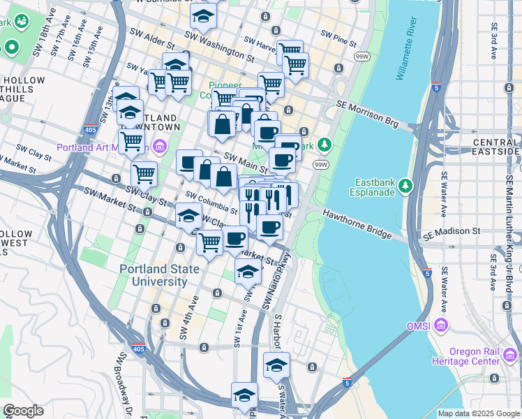 map of restaurants, bars, coffee shops, grocery stores, and more near 1355 Southwest 2nd Avenue in Portland