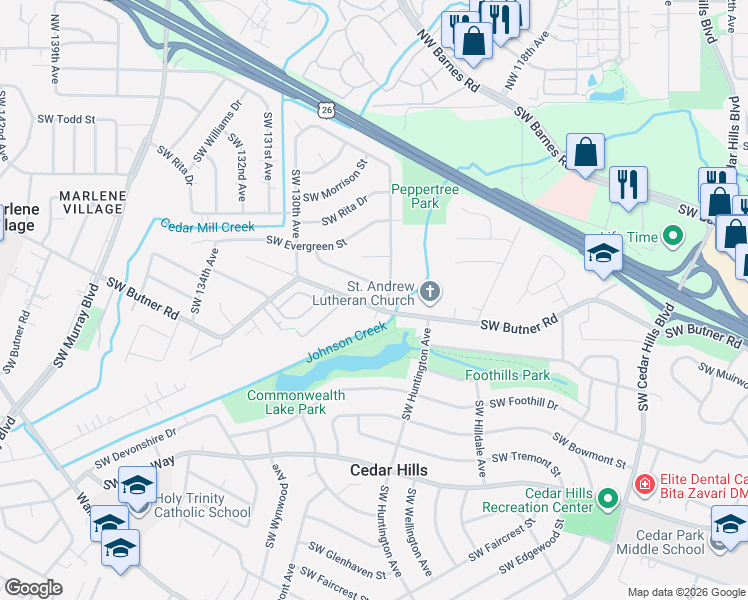 map of restaurants, bars, coffee shops, grocery stores, and more near 12635 Southwest Camellia Street in Beaverton