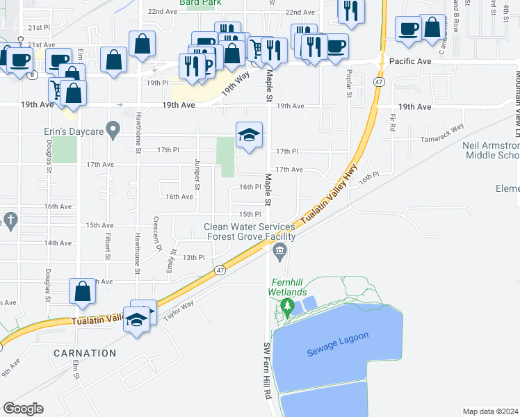 map of restaurants, bars, coffee shops, grocery stores, and more near 3136 Brittany Drive in Forest Grove