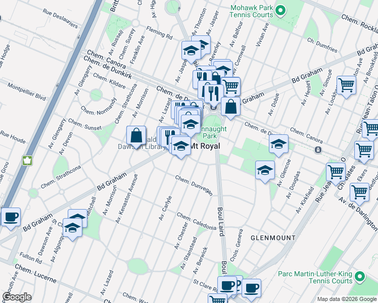 map of restaurants, bars, coffee shops, grocery stores, and more near 1401 Croissant Sherwood in Mont-Royal