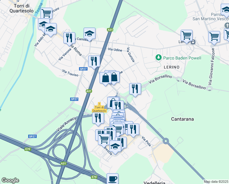 map of restaurants, bars, coffee shops, grocery stores, and more near 171 Via Roma in Torri di Quartesolo